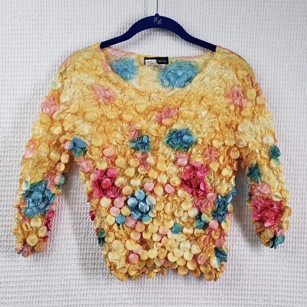 Vintage 1990's Y2K Womens Popcorn Top Medium Pucker Yellow Festival Stretch